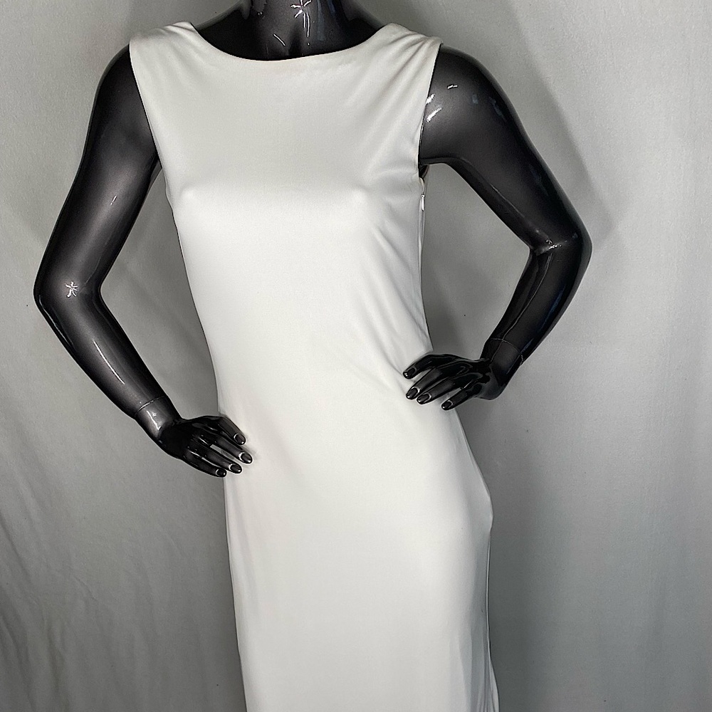 BAGLEY MISHKA WHITE GOWN WITH SWAROVSKI CRYSTALS AND PLUNGING BACK